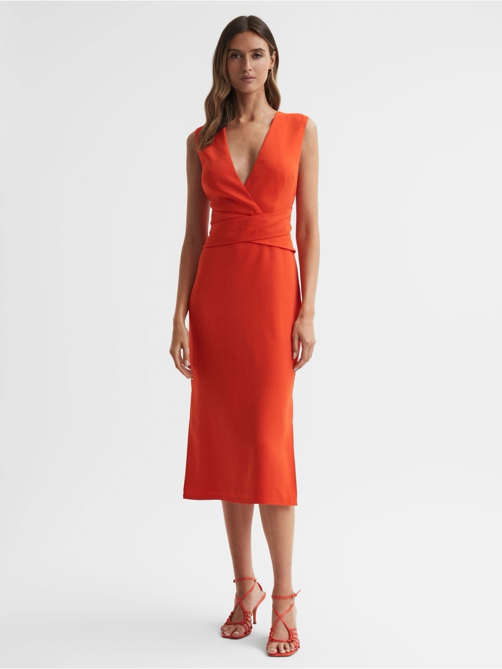 Reiss Jayla Fitted Wrap Design Midi Dress Orange – Size 10